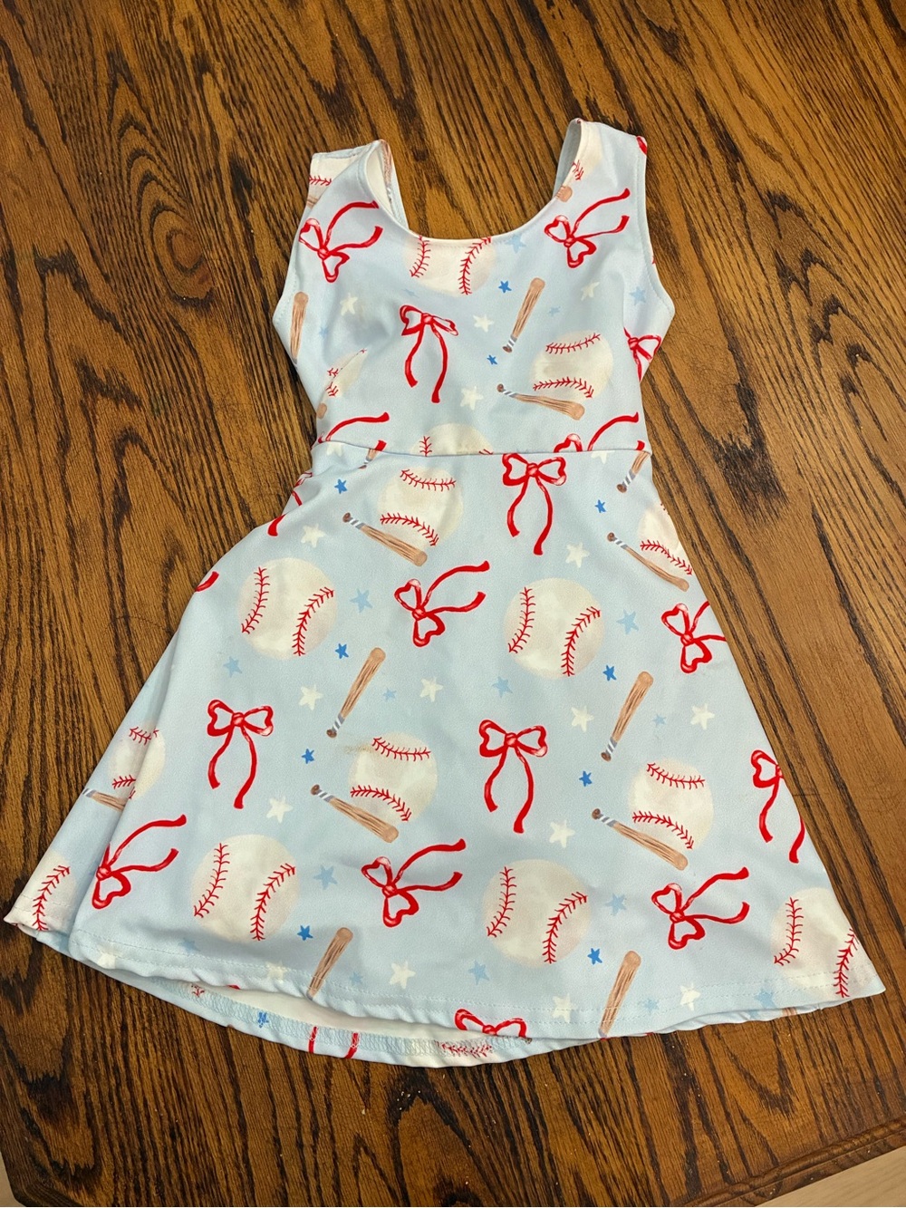 Light Blue Girls' Baseball Print Dress with Red Bow Accents